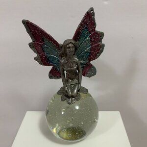Pewter Fairy On Glass Ball Paperweight Decor